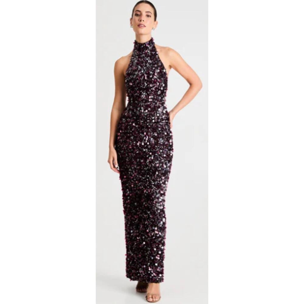 HELSI Louisa Sequin Halter Maxi Gown in Merlot Sz Medium NWT